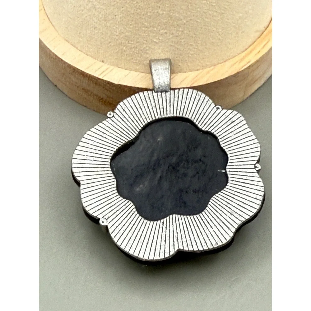 Black Rose Flower Pendant Carved Statement Silver Tone Metal Floral Goth Jewelry
